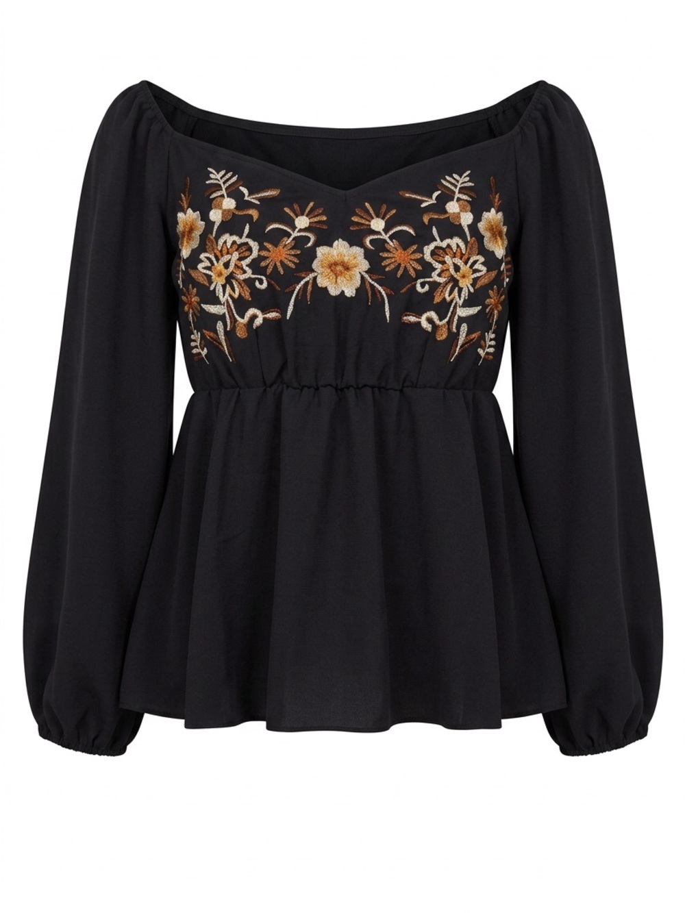 Source Unknown Black Peasant Top with Gold & Cream Floral Embroidery